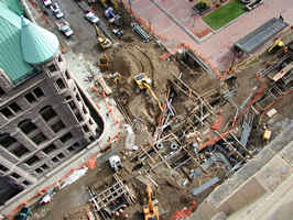 Aerial view of LRT construction in downtown Mpls