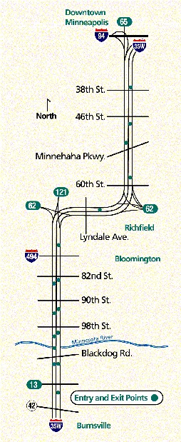 Map of 35W MnPASS lanes
