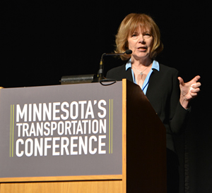 Lt. Gov. Tina Smith behind lectern at Minnesota's Transportation Conference