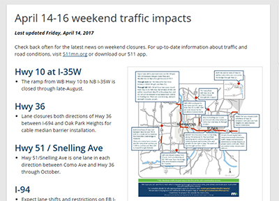 Screen shot of weekend traffic impacts.