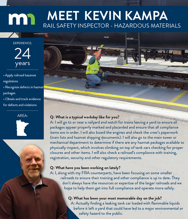 Meet Kevin Kampa: Rail Safety inspector – hazardous materials
Experience: 24 years
-Apply railroad hazmat regulations
-Recognize defects in hazmat packages
-Obtain and track evidence for defects and violations
Area: statewide 
Q: What is a typical workday like for you?
A: I will go to or near a railyard and watch for trains leaving a yard to ensure all packages appear properly marked and placarded and ensure that all compliance items are in order. I will also board the engines and check the crew’s paperwork (train lists and hazmat shipping documents). I will also go to the main tower or mechanical department to determine if there are any hazmat packages available to physically inspect, which involves climbing on top of tank cars checking for proper closures and other items. I will also check a railroad’s compliance with training, registration, security and other regulatory requirements. 
Q: What have you been working on lately?
A: I, along with my FRA counterparts, have been focusing on some smaller railroads to ensure their training and other compliance is up to date. They don’t always have the resources or expertise of the larger railroads and we hope to help them get into full compliance and operate more safely.
Q: What has been your most memorable day on the job?
A: Actually finding a leaking tank car loaded with flammable liquids before it left a yard that could have led to a major environmental or safety hazard to the public.
