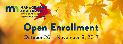 Graphic of gold leaves in background with Open Enrollment dates (Oct 6 - Nov 8)
