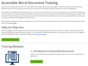 Screen capture of accessibile Word document training website.