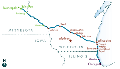 Map of Twin Cities – Milwaukee – Chicago Intercity Passenger Rail service.