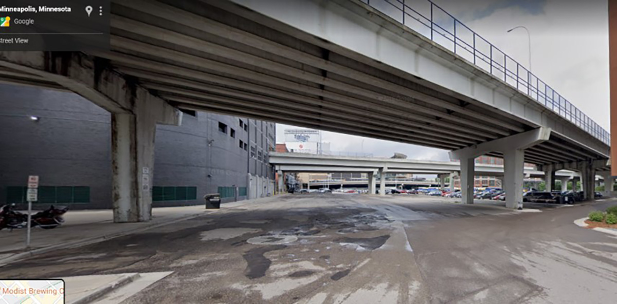 Open space under a bridge in downtown Minneapolis